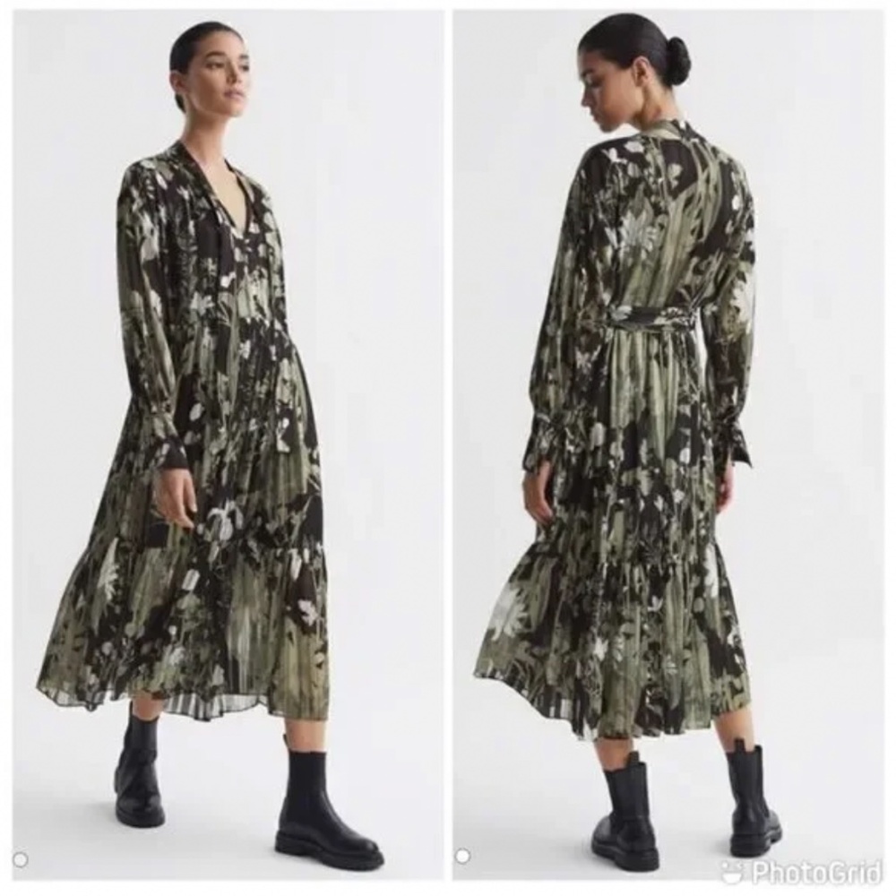 NWT Reiss LOTTIE FLORAL PRINT TIE NECK MIDI DRESS